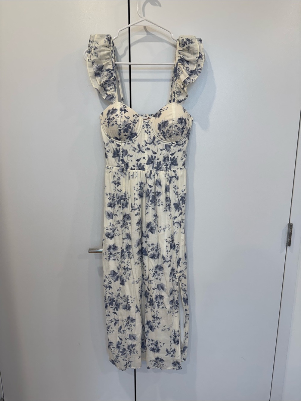 Ivory Floral Ruffle-Strap Midi Dress